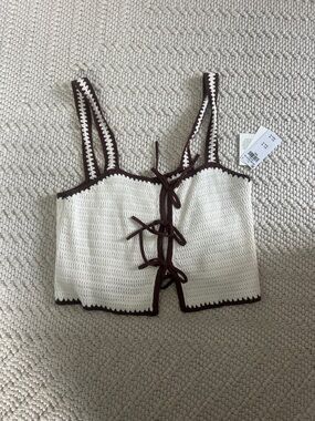 Abercrombie & Fitch Cream Crochet Tie-Front Tank with Brown Trim